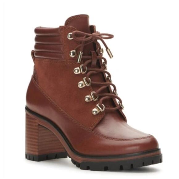 Vince Camuto Women's Doneta Leather Hiker Boots Cocoa Biscuit Lea Size 7.5 New - Picture 1 of 13